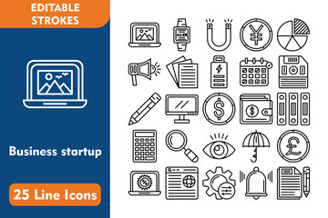 Business startup Icon Set Included Icons Laptop, Monitor Screen, Umbrella, Pound, Percentage, Web Browser, Setting