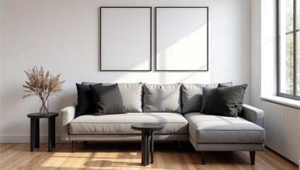 Fototapeta premium A chic living room scene features a sleek gray sectional adorned with black and gray pillows, flanked by elegant black round tables. A glass vase holding dried blooms adds an artistic touch to the inv