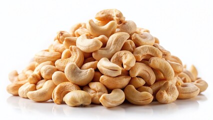 Fototapeta premium Heap of Unshelled Cashews, Side View, Isolated on White Background - High-Resolution Stock Photo