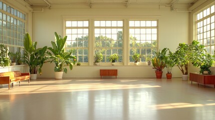 Fototapeta premium Sunlit spacious room with plants, ideal for yoga or events