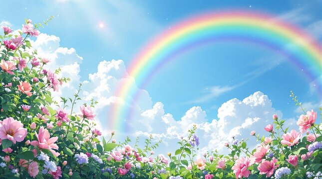 Vibrant rainbow over blooming spring flowers, ideal for seasonal greeting cards and nature blogs