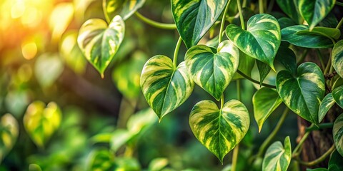 Obraz premium Heart-Shaped Green Variegated Devil's Ivy Hanging Bush with Bokeh Background