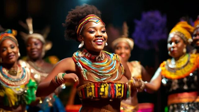 Young South African women radiate joy as they perform traditional dances in colorful attire. Their vibrant costumes reflect the rich heritage and spirit of South African culture during a lively event.