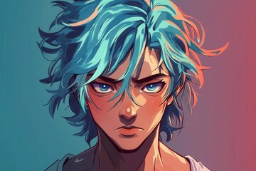 stylized anime male character with vibrant hair and expressive eyes, clean cel-shaded illustration