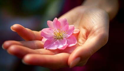 若い女性の手のひらのアップ。手のひらの上には桜の花びらが一枚ある。
