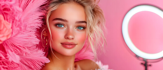 Beauty portrait of a young woman against a pink background studio photography fashion soft lighting aesthetic appeal