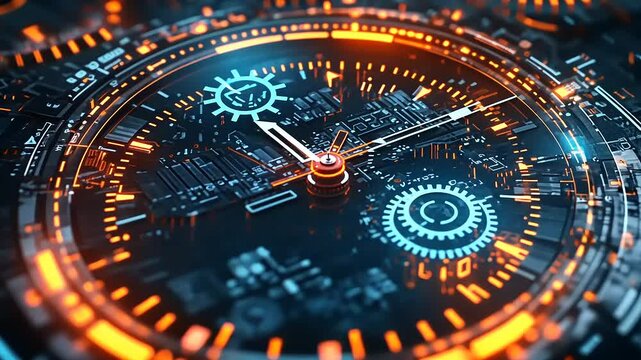 Futuristic Clockwork Mechanism: Glowing Orange and Cyan Digital Timepiece