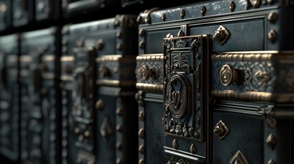 Ornate metal chests stacked, close-up detail, luxury storage
