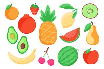 Set of fruits and berries. Natural tropical fruits. Cherry, strawberry, apple, lemon, banana, pineapple, orange. Vector illustration.