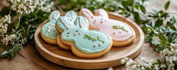 Easter bunny-shaped cookies on a wooden plate, decorated with pastel icing, surrounded by sprigs of fresh greenery and flowers