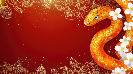 Obraz premium Japanese - Inspired New Year Card Red & Gold, Snake with Flowers, Watercolor Texture, Glowing for Festive Ambiance.