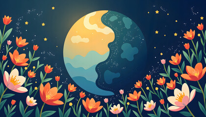 Earth with Flowers Celebrating Spring Equinox for Blogs and Seasonal Designs