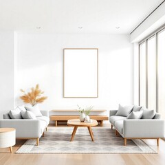 Frame mockup, ISO A paper size. Poster mockup on living room wall. Interior mockup with modern minimalist living room design. A bright, elegant space with a white sofa,