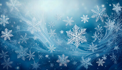 Soft, abstract snowfall pattern with swirling snowflakes and ice crystals, set against a tranquil winter landscape.