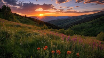 Fototapeta premium Mountain sunset wildflowers scenic vista; summer landscape, nature background, travel poster