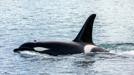 Naklejka premium An orca swimming with its pod in the ocean.