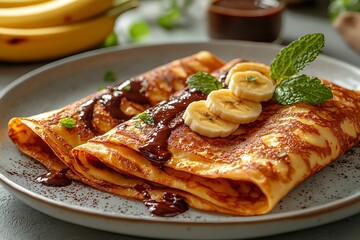 Delicious thin pancakes with chocolate and banana for breakfast