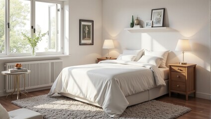 Chic bedroom featuring a king-sized bed draped with a pristine white comforter, flanked by elegant nightstands; one holds a soft glow from an inviting lamp, creating a serene and welcoming atmosphere