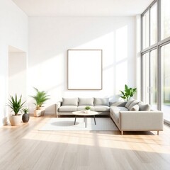 Frame mockup, ISO A paper size. Poster mockup on living room wall. Interior mockup with modern minimalist living room design. A bright, elegant space with a white sofa,