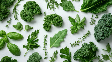 Mixed Green Kale Leaves and Herbs on White Surface