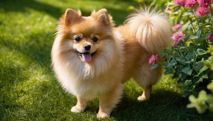 A small, fluffy Pomeranian enjoying the outdoors, highlighted by vibrant garden flowers, perfect for lifestyle and pet photography themes
