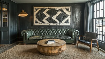 Elegant Living Room with Stylish Green Sofa and Artistic Decor