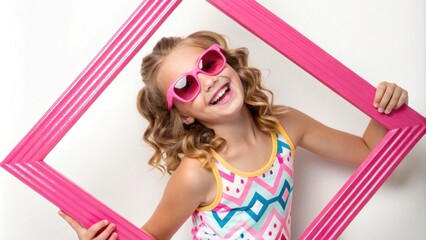 A cheerful portrait of a girl with bright pink geometric frames that resemble a kaleidoscope. Her hair is styled in loose waves and she wears a colorful tank top adorned with