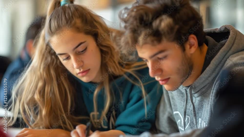Poster This Two students focus intently on their assignment while seated at a table.