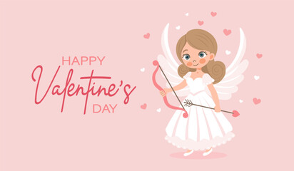 Valentine's day card with cute angel girl, cupid with bow and arrow. Illustration, holiday card