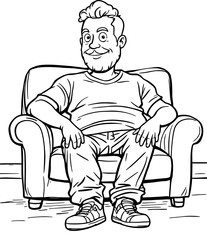 Smiling bearded man relaxing on comfortable armchair, cartoon illustration