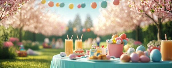 Picturesque Easter garden party with pastel-colored decorations, a table of sweets and drinks, and families enjoying the spring weather
