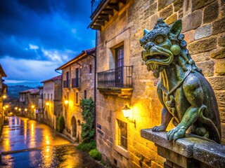 Hondarribia Palacio del Obispo Gargoyle Night Photography - Rainwater Diverter