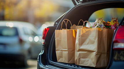 Shopping bags in the trunk of a car in a parking lot near a supermarket