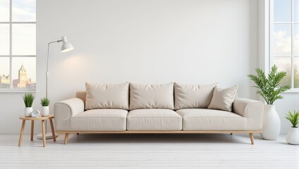 Fototapeta premium A chic, cream-colored couch graces a pristine white room, flanked by a simple wooden table adorned with elegant white vases. Warm wood meets cool tones for an inviting indoor tableau