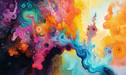 Colorful, abstract painting with a lot of different colors and shapes. The painting has a dreamy, surreal quality to it, with the colors blending