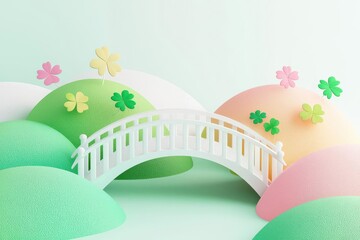 A colorful landscape with a bridge over soft hills, evoking a serene, playful atmosphere.