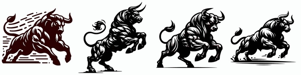 Obraz premium Four stylized bull illustrations showcasing different poses and designs, featuring dynamic lines and solid forms.