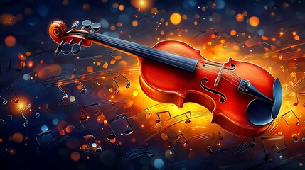 Fototapeta premium Glowing violin with musical notes.