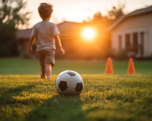 Obraz premium Child chases soccer ball at sunset.