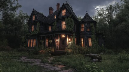 Spooky Abandoned Victorian House Surrounded by Dark Forest Overgrowth