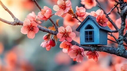 Miniature blue house nestled amongst vibrant pink blossoms on a tree branch, bathed in warm sunlight.