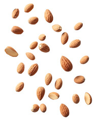 Floating almonds in a visually appealing arrangement against a white background