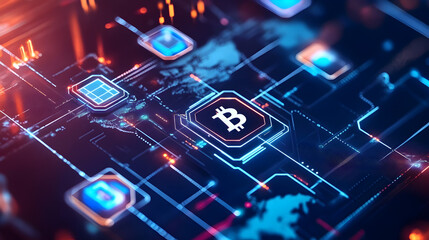 Abstract Bitcoin Cryptocurrency Digital Circuit Board Technology Background Futuristic Neon Glow Blue Red Orange Modern Design Innovation Blockchain Finance Crypto Data  