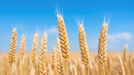 Golden wheat field under a clear blue sky, ripe for harvest.  Use Agriculture, food production