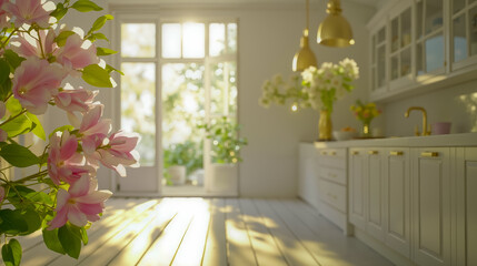A vase of pink flowers in a white kitchen next to a window