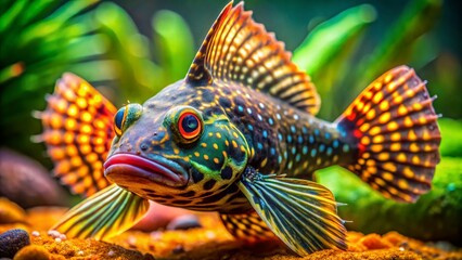 Fototapeta premium Hypancistrus L333 Pleco Fish, Aquatic Macro Photography with Bokeh, Freshwater Aquarium, Beautiful Plecostomus, Tropical Fish Portrait