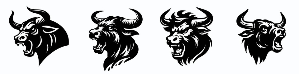 Four stylized bull heads, each with unique expressions, depicted in black and white, showcasing strength and intensity.