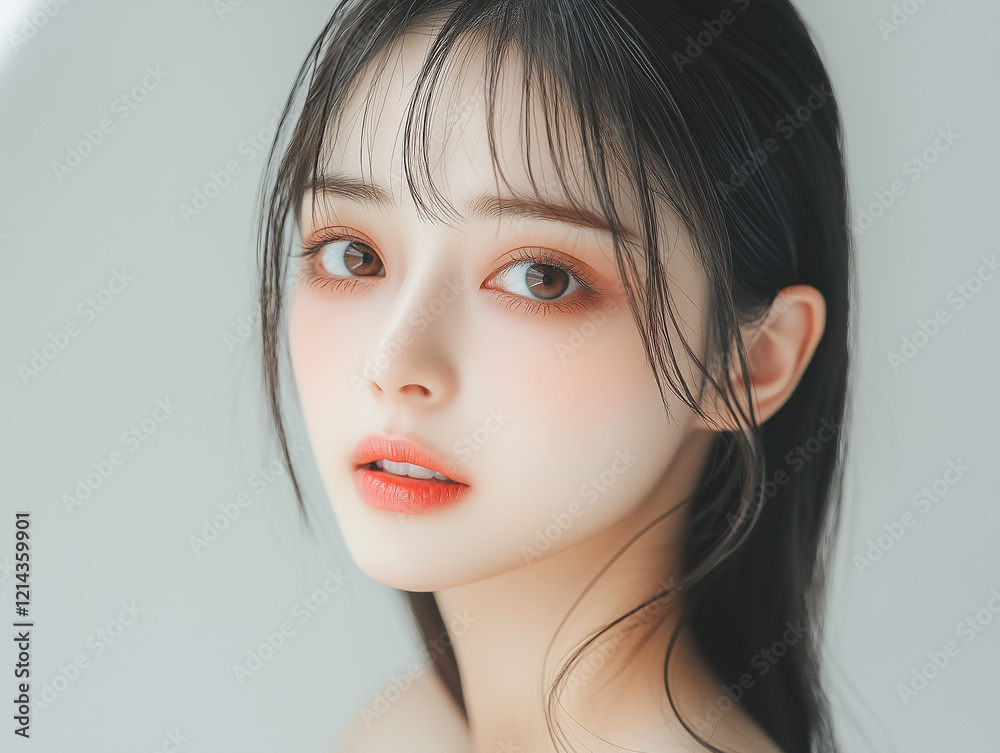 Aufkleber 美肌の若くて可愛いアジア女性モデルの美容ポートレート。ナチュラルなメイクをしている可憐な美少女。