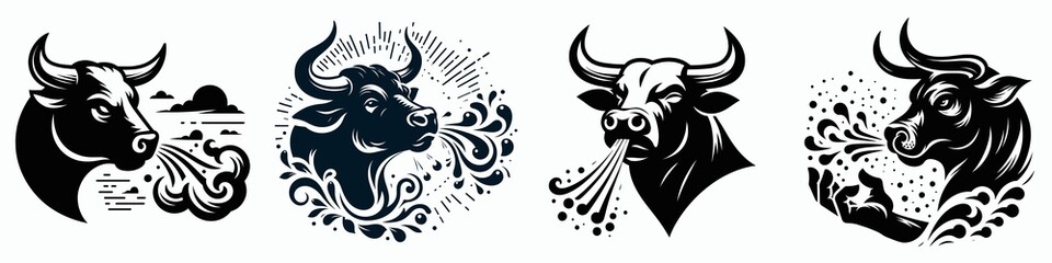 Fototapeta premium Four stylized bull heads illustrated with swirling elements, depicting strength and motion in a striking monochrome design.