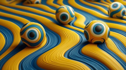 Abstract 3D render of blue and yellow wavy surface with decorative spheres.